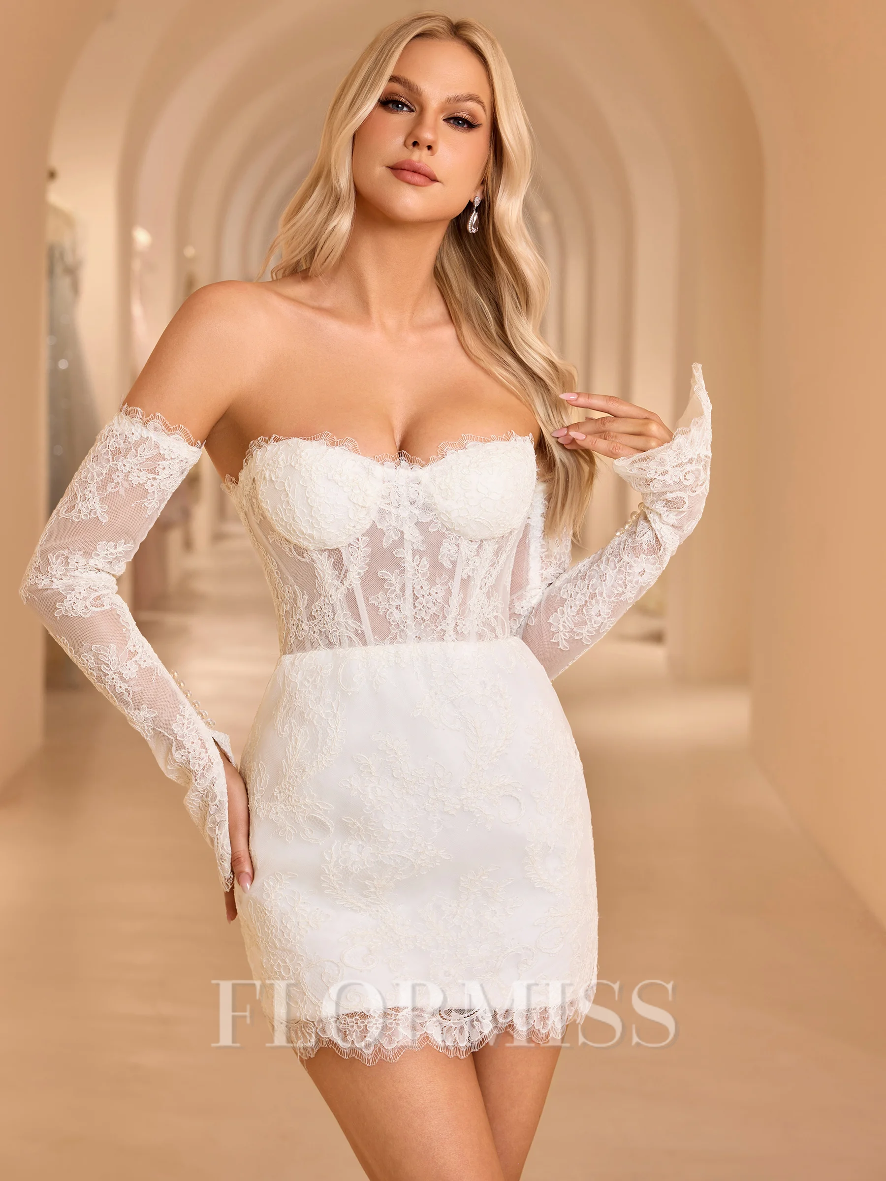 Sheath Sweetheart Lange ermer Kort/Mini Blonder Korsett Brudekjoler