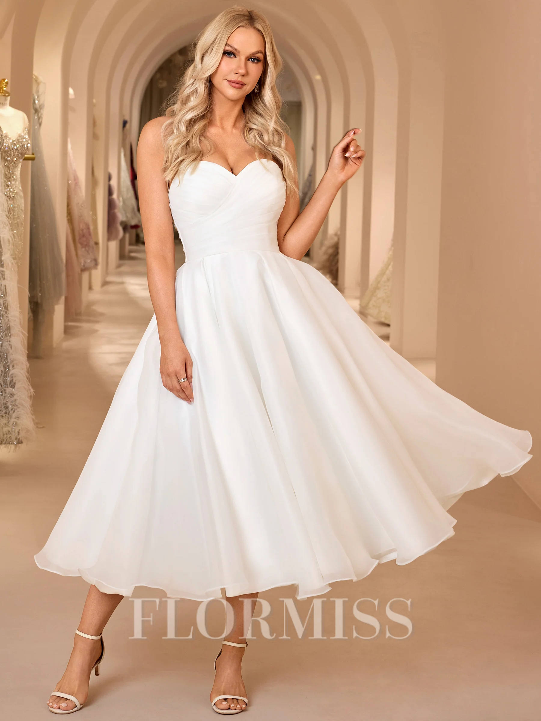 A-line kjole Sweetheart Plissert Te-Lengde Organza Korsett Brudekjoler