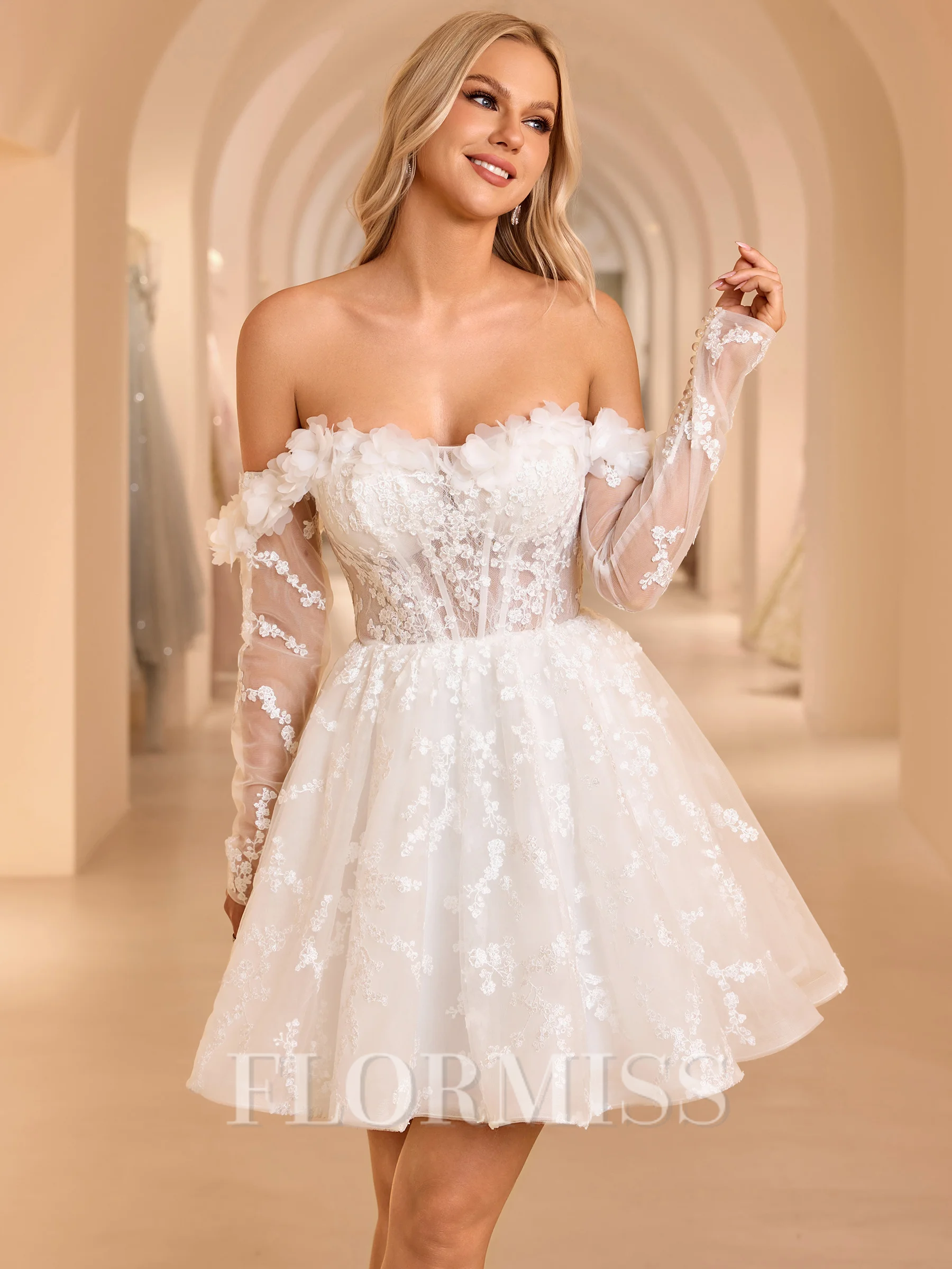 Ballkjole/Prinsesse Bare Skuldre Lange ermer Applikasjoner Blonder Kort/Mini Blonder Korsett Brudekjoler