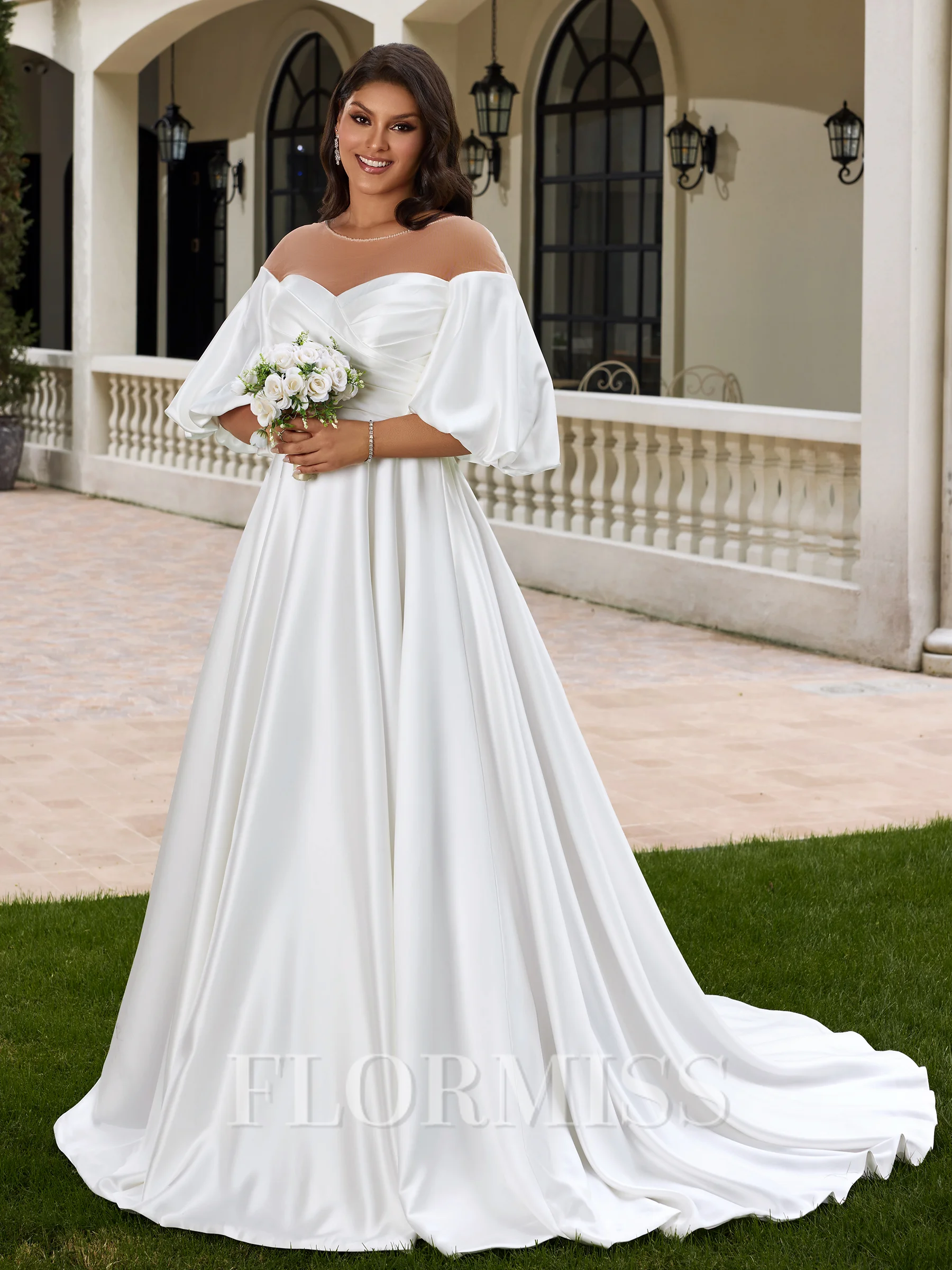 A-line kjole Scoop Halvlang Plissert Sweep/Børste train Satin Korsett Plus Size Brudekjoler