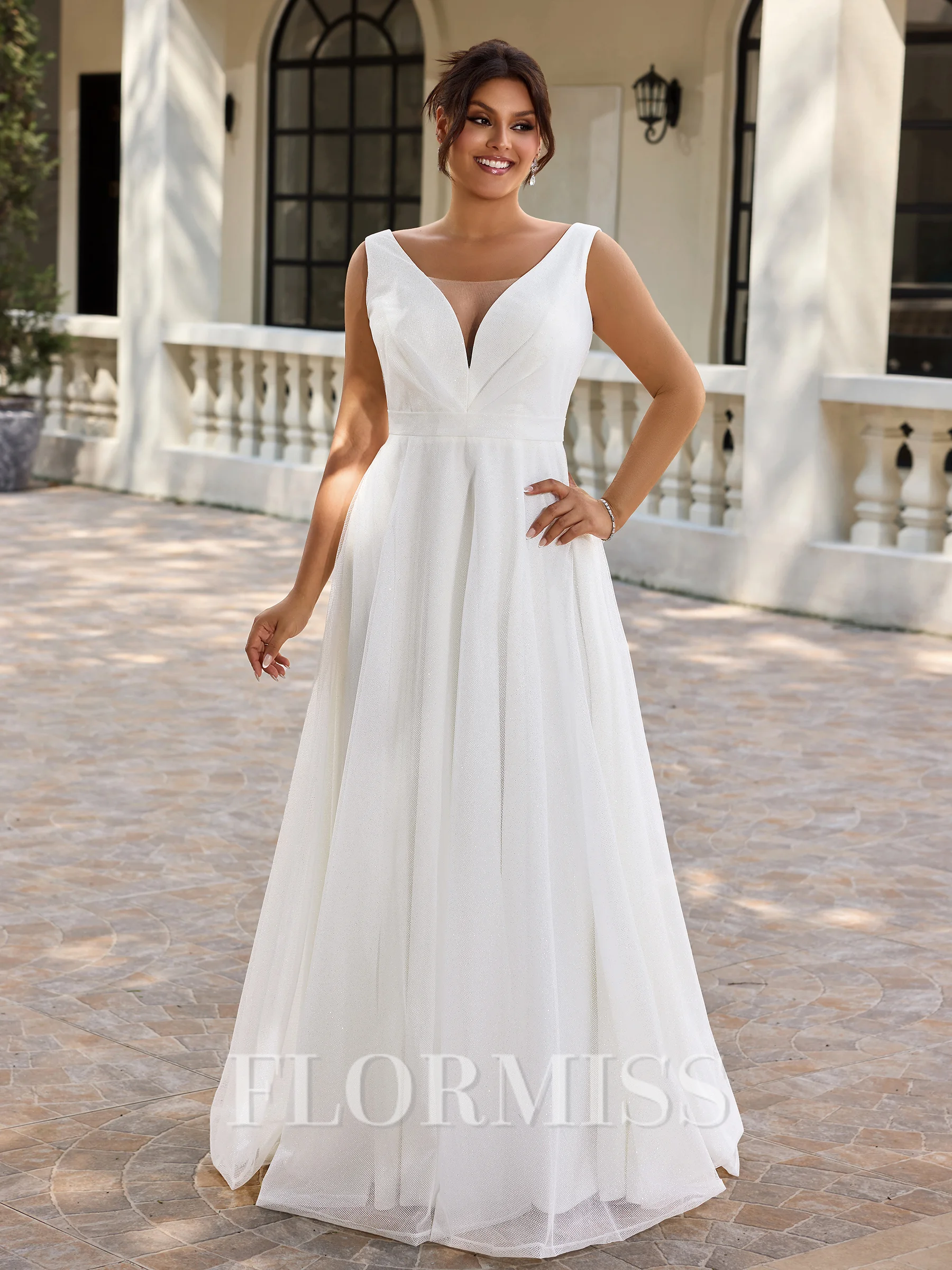 A-line kjole V-hals Plissert Sweep/Børste train Korsett Plus Size Brudekjoler