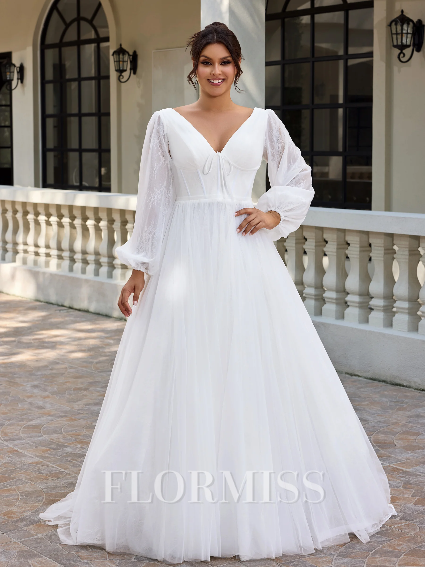A-line kjole V-hals Lange ermer Applikasjoner Blonder Sweep/Børste train Tyll Korsett Plus Size Brudekjoler