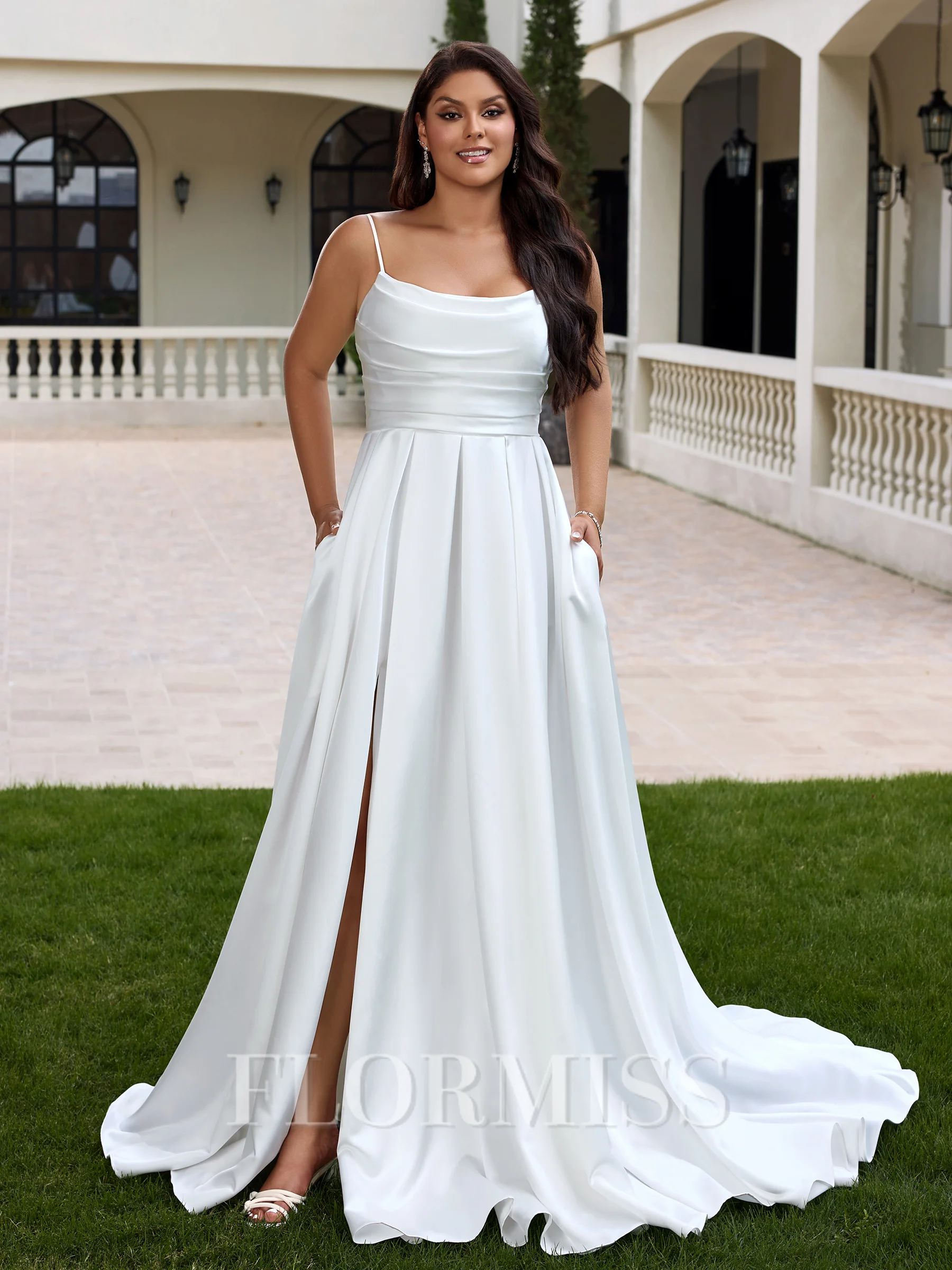 A-line kjole Spaghetti Plissert Sweep/Børste train Charmeuse Korsett Plus Size Brudekjoler