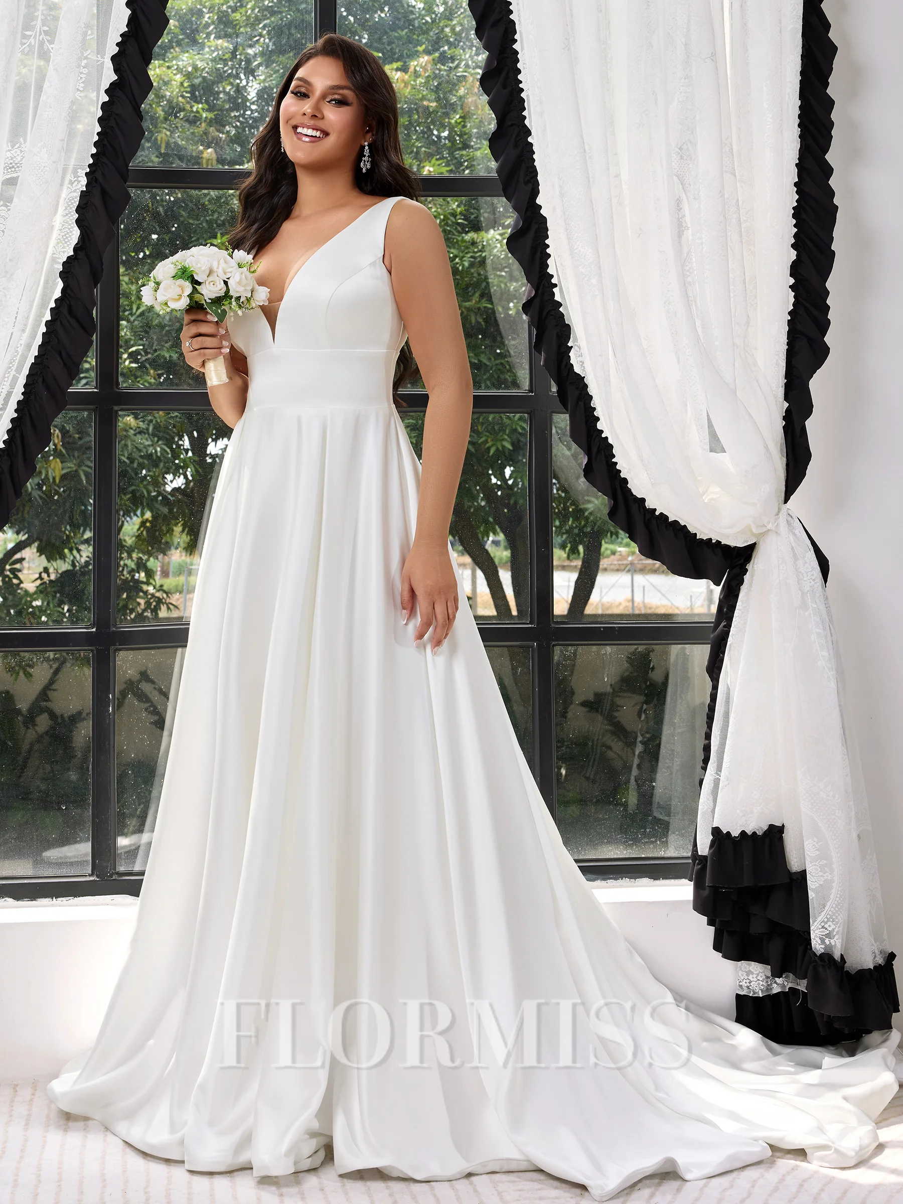 A-line kjole V-hals Bane-tog Satin Plus Size Brudekjoler