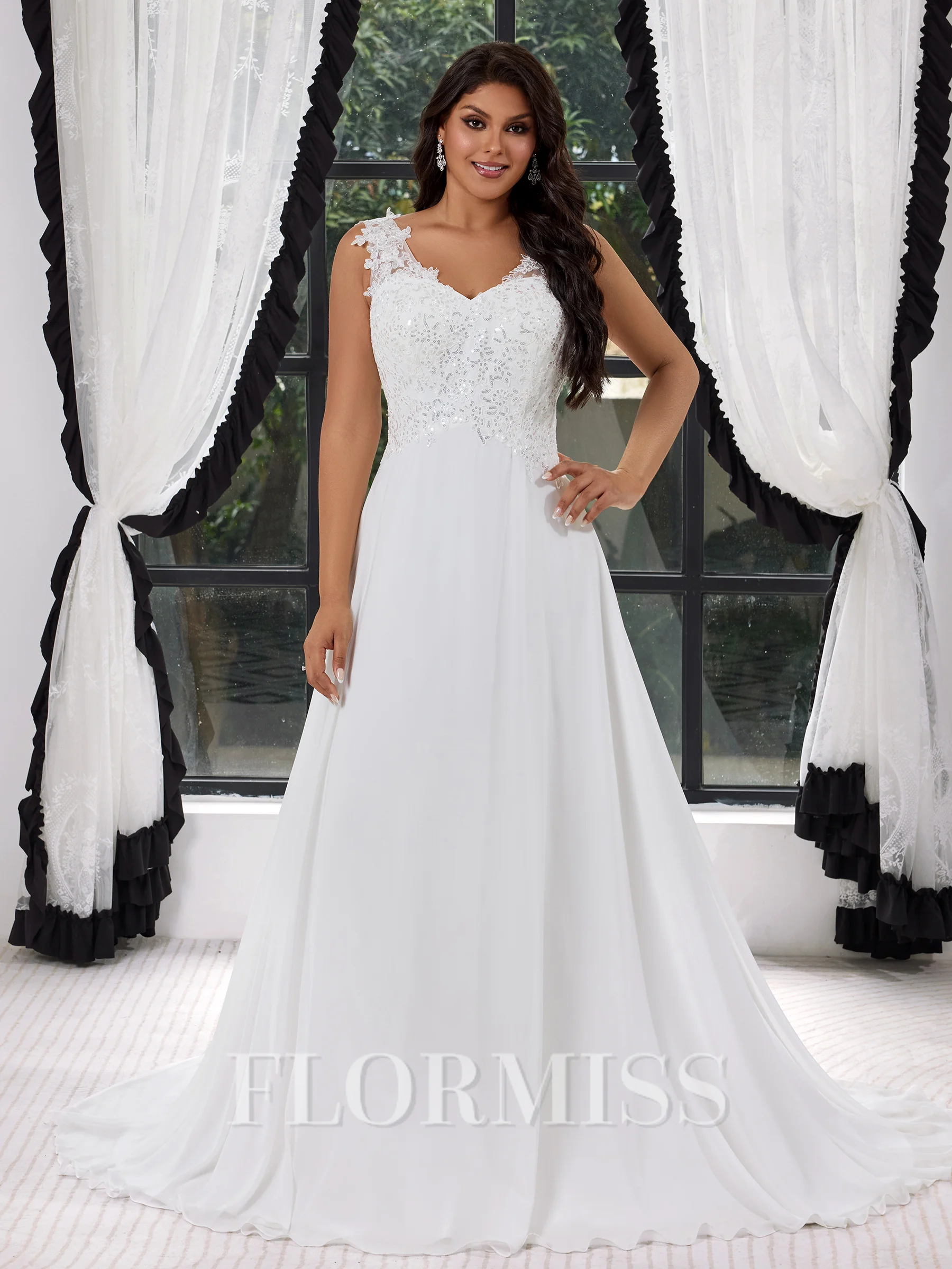 A-line kjole V-hals Applikasjoner Blonder Sweep/Børste train Chiffong Korsett Plus Size Brudekjoler