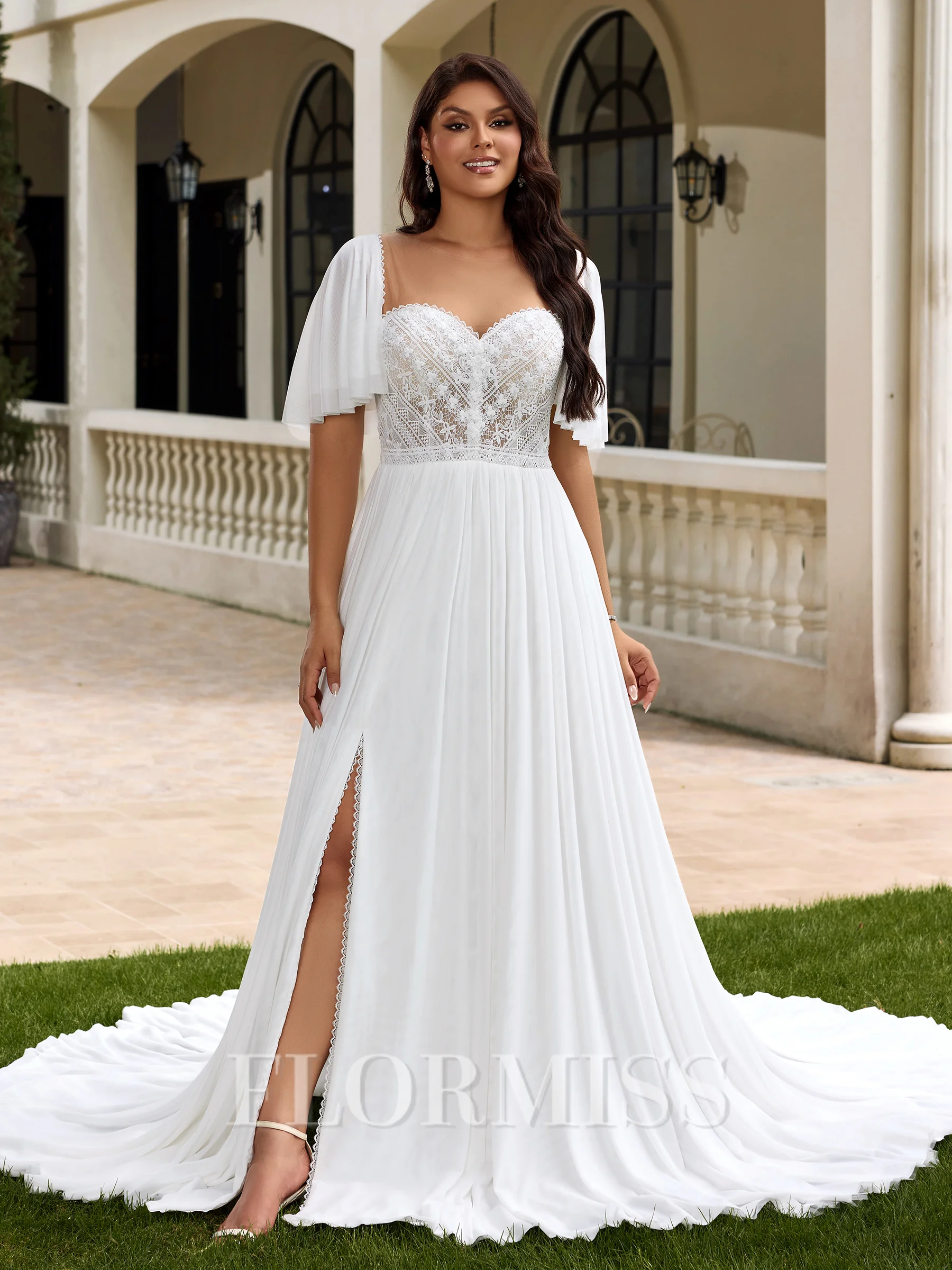 A-line kjole Scoop Kortermer Applikasjoner Blonder Kapell Slep Tyll Plus Size Brudekjoler