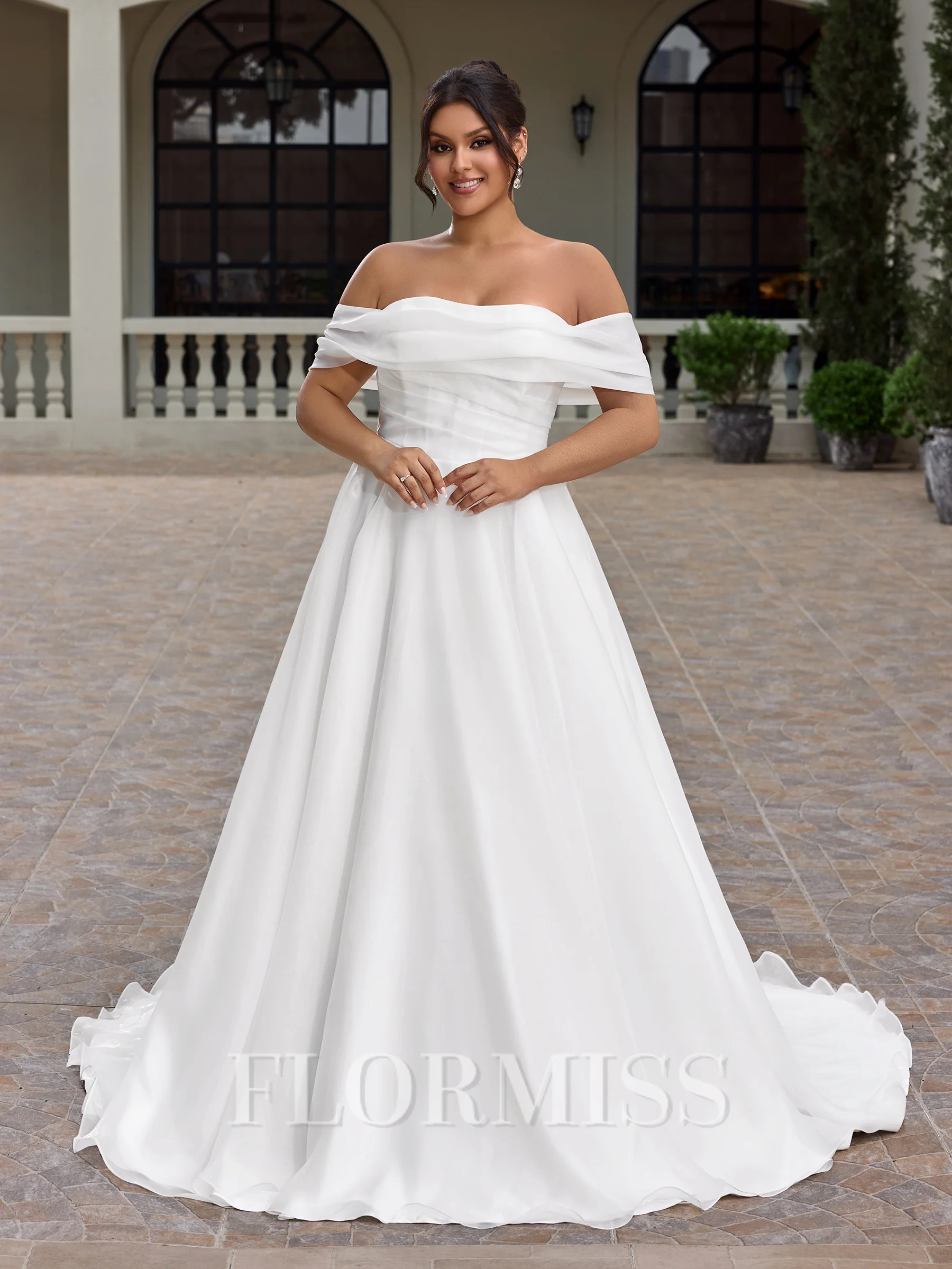 A-line kjole Bare Skuldre Plissert Sweep/Børste train Organza Korsett Plus Size Brudekjoler
