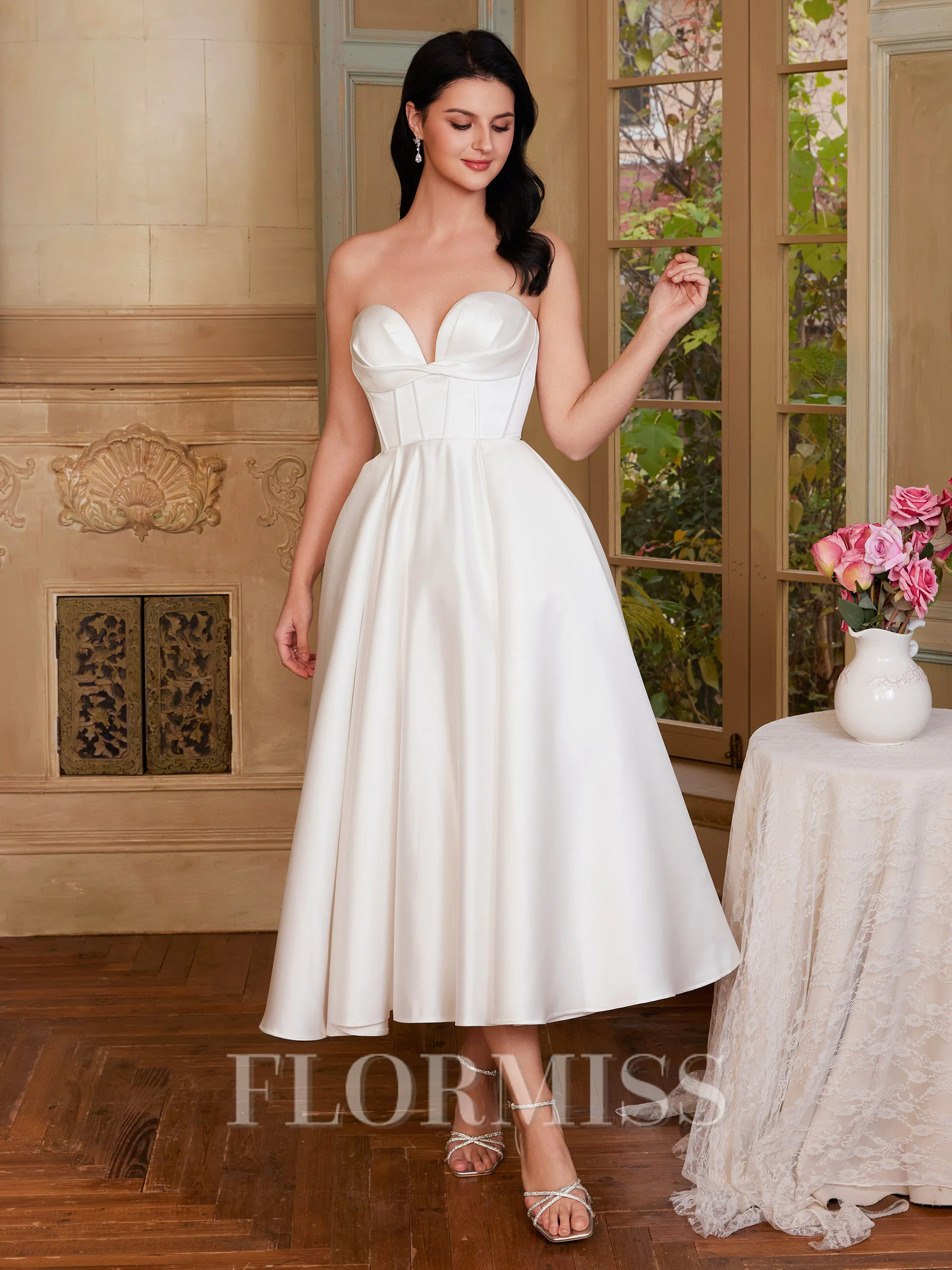 A-line kjole Sweetheart Plissert Te-Lengde Satin Korsett Brudekjoler