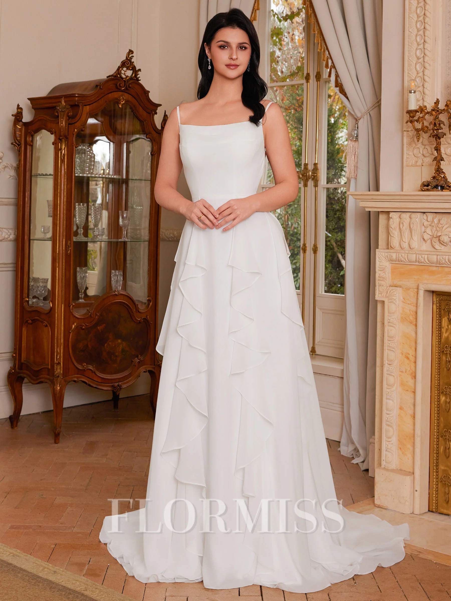 A-line kjole Spaghetti Volanger Sweep/Borste train Chiffong Korsett Brudekjoler