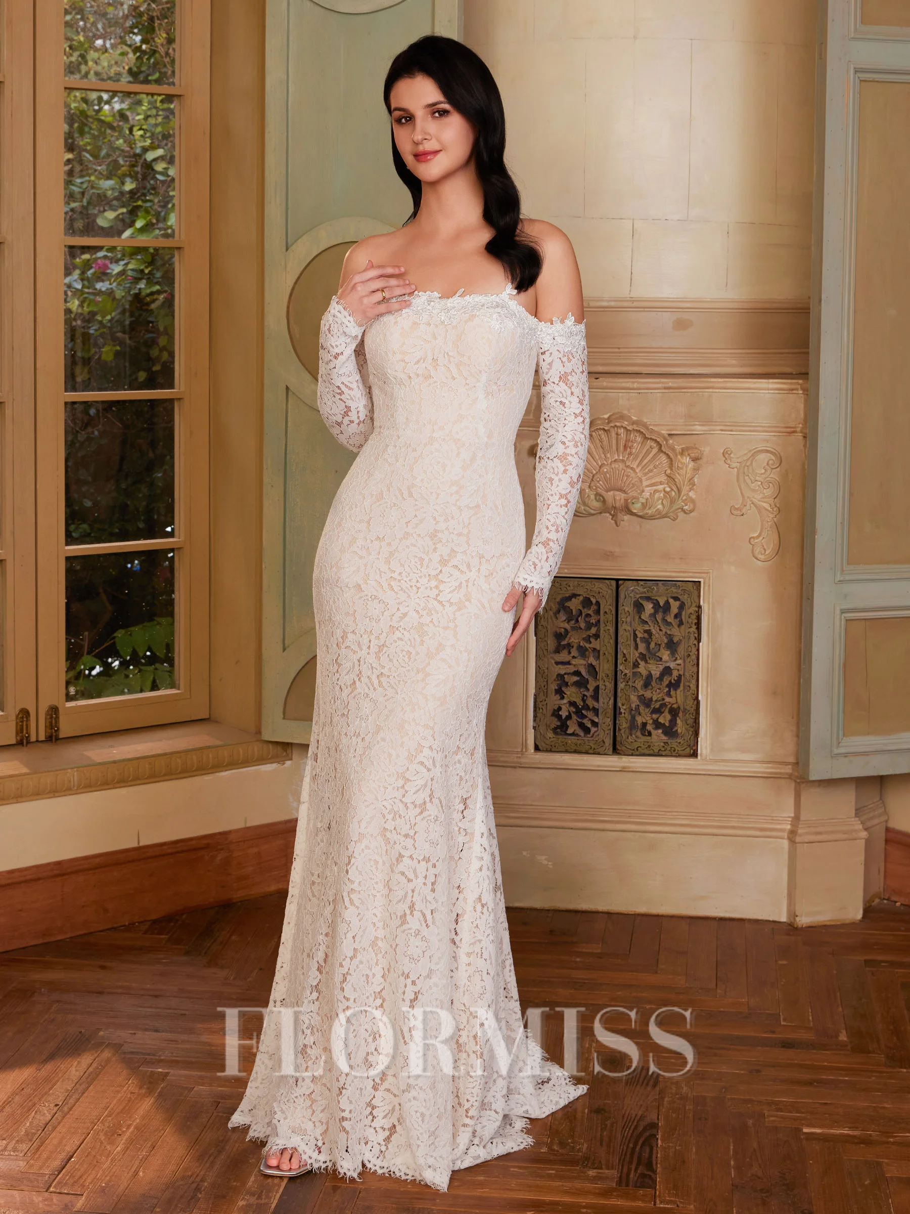 Sheath Bare Skuldre Lange ermer Gulvlengde Blonder Korsett Brudekjoler