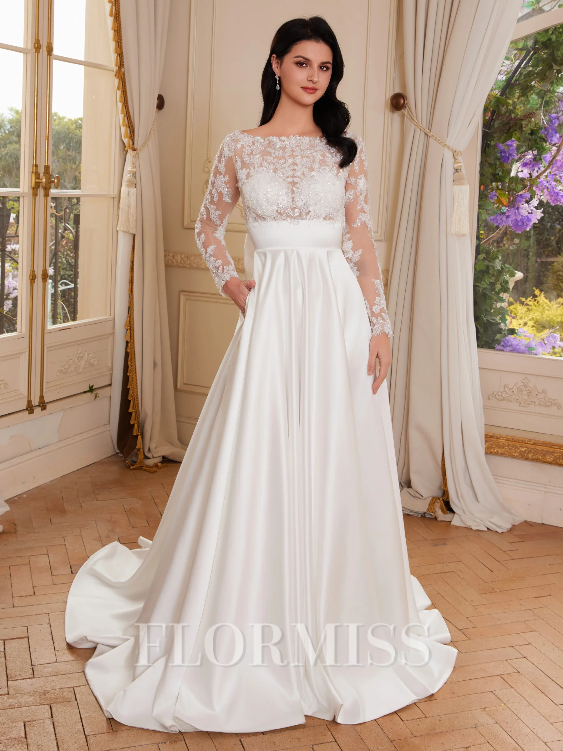 A-line kjole Scoop Lange ermer Bue Bane-tog Satin Brudekjoler