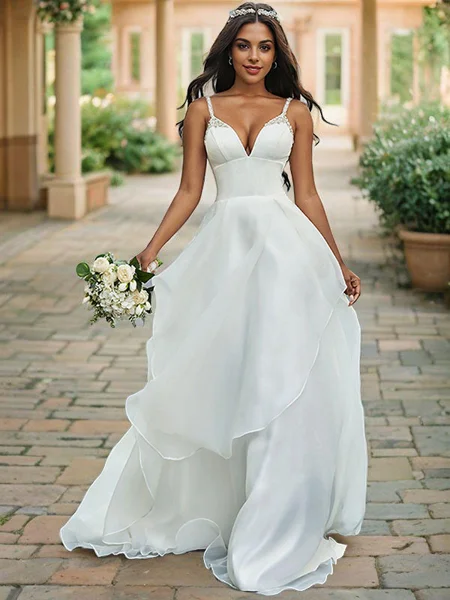 A-line kjole V-hals Organza...