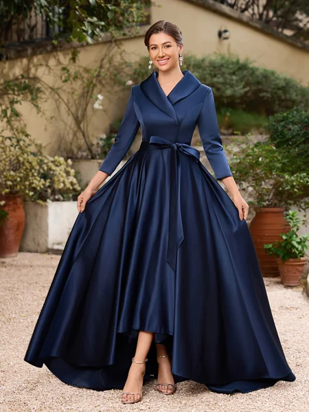 A-line kjole kjole Satin Ruched V-hals Lange ermer Asymmetrisk Brudens Mor Kjole