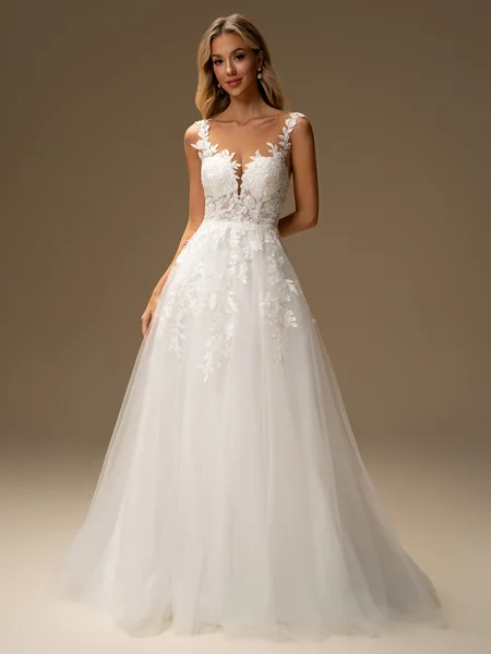 A-line Scoop Appliques Lace...