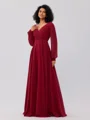A-line kjole kjole Chiffong Ruched V-hals Lange ermer Gulvlengde Brudepikekjoler