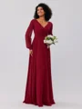 A-line kjole kjole Chiffong Ruched V-hals Lange ermer Gulvlengde Brudepikekjoler