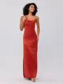 Sheath Satin Ruched Spaghetti Ermeløs Ankel-Lengde Brudepikekjoler