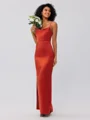 Sheath Satin Ruched Spaghetti Ermeløs Ankel-Lengde Brudepikekjoler