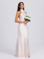 Sheath Halterneck Bue Gulvlengde Silkeeaktig Sateng Brudepikekjoler