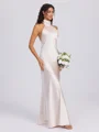 Sheath Halterneck Bue Gulvlengde Silkeeaktig Sateng Brudepikekjoler