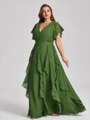 A-line kjole V-hals Kortermer Volanger Gulvlengde Chiffong Korsett Plus Size Brudepikekjoler