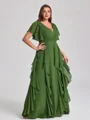A-line kjole V-hals Kortermer Volanger Gulvlengde Chiffong Korsett Plus Size Brudepikekjoler