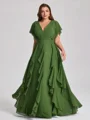 A-line kjole V-hals Kortermer Volanger Gulvlengde Chiffong Korsett Plus Size Brudepikekjoler