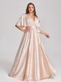 A-line kjole V-hals Kortermer Sash/Bånd/Belte Gulvlengde Silkeeaktig Sateng Korsett Plus Size Brudepikekjoler