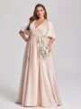 A-line kjole V-hals Kortermer Sash/Bånd/Belte Gulvlengde Silkeeaktig Sateng Korsett Plus Size Brudepikekjoler