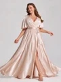 A-line kjole V-hals Kortermer Sash/Bånd/Belte Gulvlengde Silkeeaktig Sateng Korsett Plus Size Brudepikekjoler