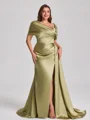 Sheath Bare Skuldre Plissert Bane-tog Silkeeaktig Sateng Korsett Plus Size Brudepikekjoler
