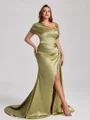 Sheath Bare Skuldre Plissert Bane-tog Silkeeaktig Sateng Korsett Plus Size Brudepikekjoler