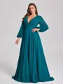 A-line kjole V-hals Lange ermer Plissert Sweep/Børste train Chiffong Korsett Plus Size Brudepikekjoler