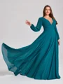 A-line kjole V-hals Lange ermer Plissert Sweep/Børste train Chiffong Korsett Plus Size Brudepikekjoler