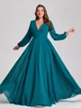 A-line kjole V-hals Lange ermer Plissert Sweep/Børste train Chiffong Korsett Plus Size Brudepikekjoler