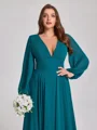 A-line kjole V-hals Lange ermer Plissert Sweep/Børste train Chiffong Korsett Plus Size Brudepikekjoler