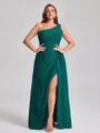 A-line kjole En skuldret Plissert Gulvlengde Chiffong Korsett Plus Size Brudepikekjoler
