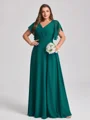 A-line kjole V-hals Kortermer Plissert Gulvlengde Chiffong Korsett Plus Size Brudepikekjoler