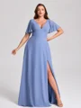 A-line kjole V-hals Kortermer Plissert Gulvlengde Chiffong Korsett Plus Size Brudepikekjoler