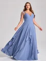 A-line kjole V-hals Volanger Gulvlengde Chiffong Korsett Plus Size Brudepikekjoler