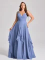 A-line kjole V-hals Volanger Gulvlengde Chiffong Korsett Plus Size Brudepikekjoler