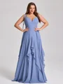 A-line kjole V-hals Volanger Gulvlengde Chiffong Korsett Plus Size Brudepikekjoler