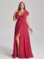 A-line kjole V-hals Kortermer Sash/Bånd/Belte Gulvlengde Chiffong Plus Size Brudepikekjoler