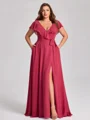 A-line kjole V-hals Kortermer Sash/Bånd/Belte Gulvlengde Chiffong Plus Size Brudepikekjoler