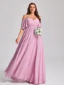 A-line kjole Kald Skulder Kortermer Plissert Gulvlengde Chiffong Plus Size Brudepikekjoler