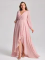 A-line kjole V-hals Lange ermer Plissert Asymmetrisk Chiffong Plus Size Brudepikekjoler