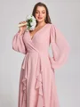 A-line kjole V-hals Lange ermer Volanger Te-Lengde Chiffong Korsett Plus Size Brudepikekjoler
