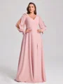 A-line kjole V-hals Lange ermer Bue Gulvlengde Chiffong Plus Size Brudepikekjoler