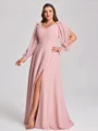 A-line kjole V-hals Lange ermer Bue Gulvlengde Chiffong Plus Size Brudepikekjoler