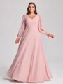 A-line kjole V-hals Lange ermer Bue Gulvlengde Chiffong Plus Size Brudepikekjoler